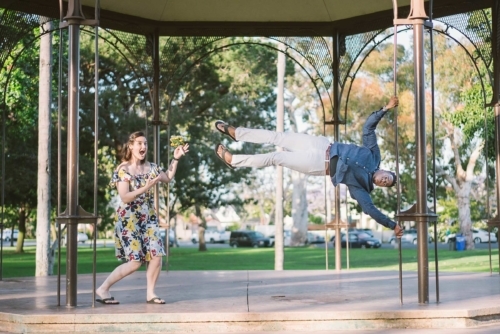 engagement session coronado island sunset san diego california white girl yellow blue red dress african american interracial couple spreckles park