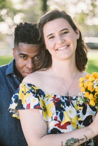 engagement session coronado island sunset san diego california white girl yellow blue red dress african american interracial couple spreckles park portrait
